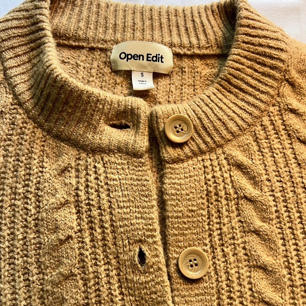 Open Edit Nordstrom Women's Tan Camel Cable Knit Crop Cardigan Sweater - Picture 2 of 7